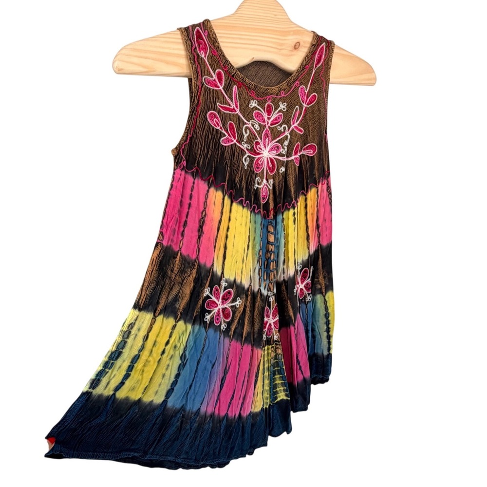Riviera Sun Tank Top Large Multicolor Tie Dye Embroidered Sharkbite Rayon Boho